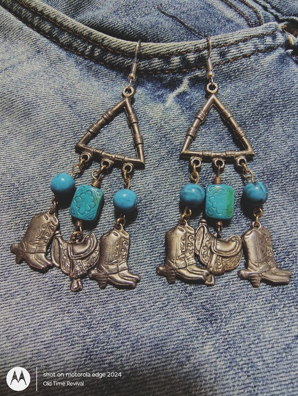 Upcycled Western Boho Silver Tone Cowgirl Boot Saddle Dangle Earrings